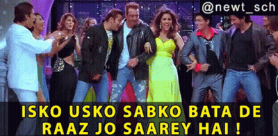 A Group Of People Dancing With The Caption Isko Usko Sabko Bata De Raaz Jo Saarey Hai ! GIF