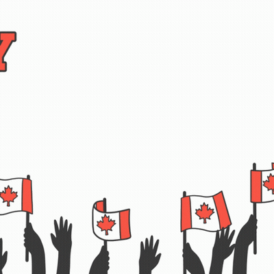 A Group Of People Holding Canadian Flags In Front Of A Sign That Says Happy Canada Day GIF
