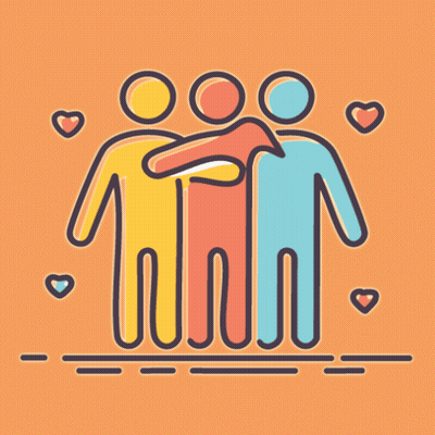 A Group Of People Hugging Each Other With Hearts In The Background GIF