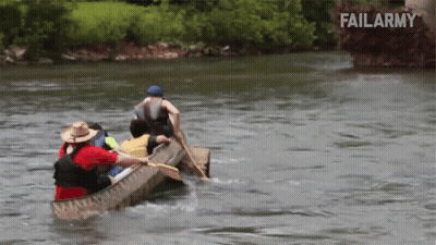 A Group Of People In A Canoe On A River With Failarmy In The Upper Right Corner GIF