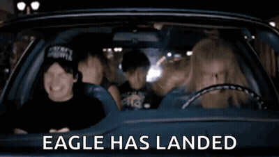A Group Of People In A Car With The Words Eagle Has Landed Written On The Screen GIF