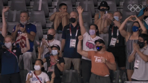 A Group Of People In A Stadium Wearing Face Masks And Shirts That Say Swt GIF