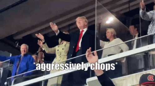 A Group Of People In A Stadium With The Words " Aggressively Chops " Written On The Bottom GIF