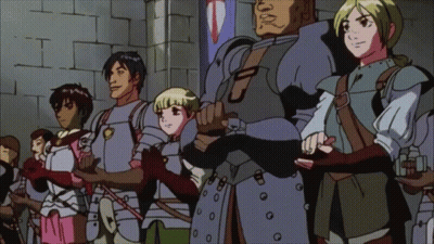 A Group Of People In Armor Are Standing In Front Of A Wall GIF