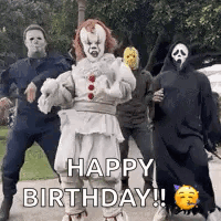 A Group Of People In Halloween Costumes Are Dancing In A Park And Saying `` Happy Birthday '' . GIF