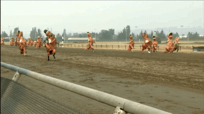 A Group Of People In Orange Costumes Are Running On A Race Track GIF