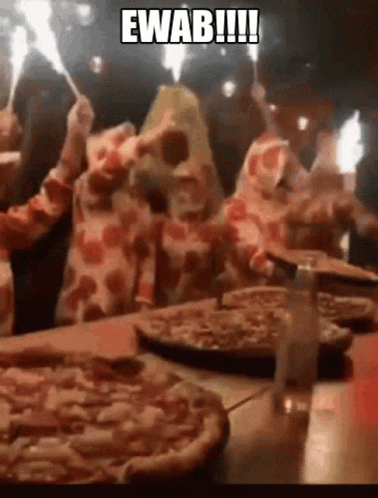 A Group Of People In Pizza Costumes Are Sitting At A Table With Pizzas And Candles And The Caption Ewab !!! GIF