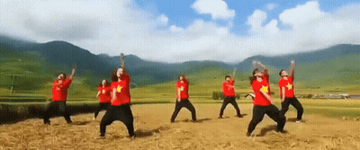 A Group Of People In Red Shirts With Yellow Stars Are Dancing In A Field . GIF