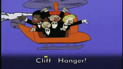 A Group Of People In Tuxedos Are Riding In A Cliff Hanger Helicopter GIF