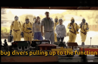 A Group Of People In Yellow Suits Are Pulling Up To A Function GIF