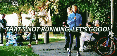 A Group Of People Jogging In A Park With The Words " That 'S Not Running Let 'S Goooo " GIF