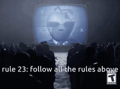A Group Of People Looking At A Tv Screen With The Words Rule 23 Follow All The Rules Above At The Bottom GIF