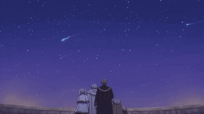 A Group Of People Looking Up At A Night Sky With Shooting Stars GIF