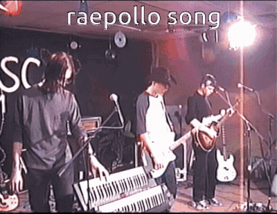 A Group Of People Playing Instruments On A Stage With The Words Raepollo Song Written Above Them GIF