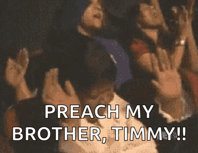 A Group Of People Raising Their Hands In The Air With The Words Preach My Brother Timmy GIF