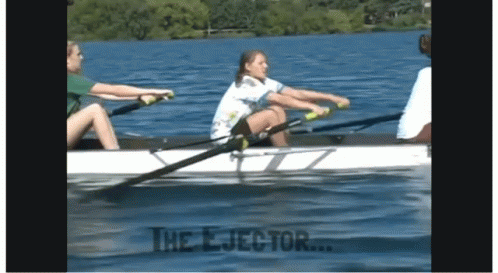 A Group Of People Rowing A Boat With The Words " The Ejector " On The Bottom Right GIF