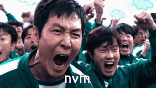 A Group Of People Screaming With The Word Nvm Written On The Bottom GIF