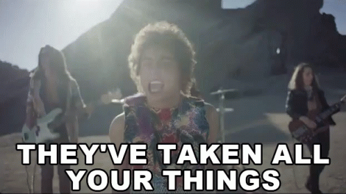 A Group Of People Singing And Playing Guitars With The Words " They 'Ve Taken All Your Things " GIF