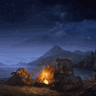 A Group Of People Sitting Around A Campfire With A Mountain In The Background GIF