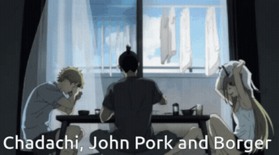 A Group Of People Sitting Around A Table With The Words Chadachi John Pork And Borger GIF