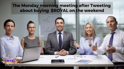 A Group Of People Sitting Around A Table With The Words " The Monday Morning Meeting After Tweeting About Buying $ Royal GIF
