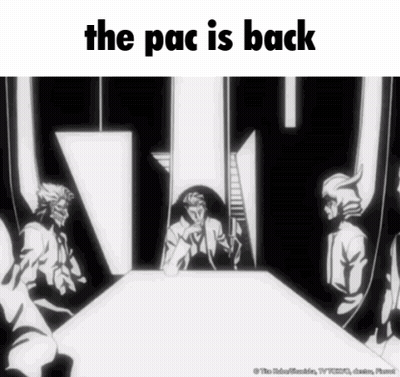 A Group Of People Sitting Around A Table With The Words The Pac Is Back On The Bottom GIF
