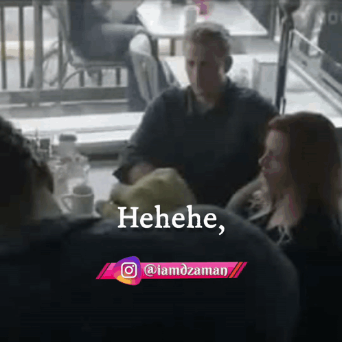 A Group Of People Sitting At A Table With A Caption That Says ' Hehehe ' GIF