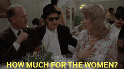 A Group Of People Sitting At A Table With The Words " How Much For The Women " On The Bottom GIF