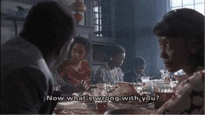A Group Of People Sitting At A Table With The Words Now What 'S Wrong With You On The Bottom GIF
