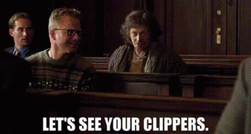 A Group Of People Sitting In A Courtroom With The Words Let 'S See Your Clippers Written On The Bottom GIF
