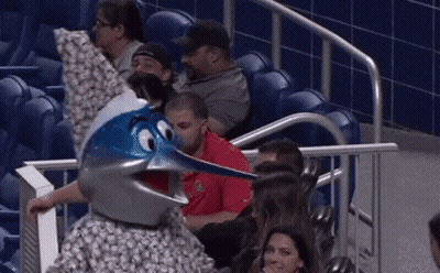 A Group Of People Sitting In A Stadium With A Mascot Wearing A Fish Costume GIF