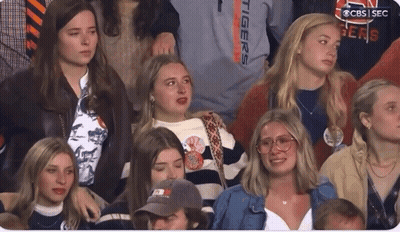 A Group Of People Sitting In A Stadium With One Wearing A Shirt That Says " Tigers " GIF
