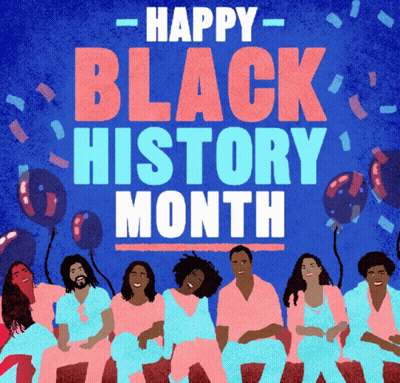 A Group Of People Sitting In Front Of A Blue Background That Says Happy Black History Month GIF