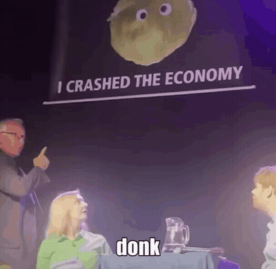 A Group Of People Sitting In Front Of A Sign That Says ' I Crashed The Economy ' GIF