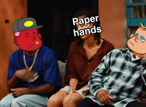 A Group Of People Sitting Next To Each Other With A Man Wearing A Hat That Says Paper Hands On It GIF