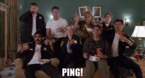 A Group Of People Sitting On A Couch With Ping Written On The Bottom Of The Image GIF