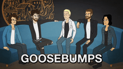 A Group Of People Sitting On A Couch With The Word Goosebumps On The Bottom Right GIF