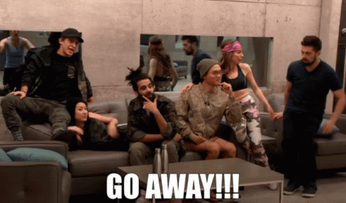 A Group Of People Sitting On A Couch With The Words Go Away Written In White GIF
