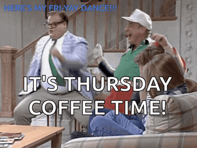 A Group Of People Sitting On A Couch With The Words It 'S Thursday Coffee Time Below Them GIF