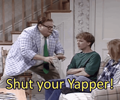 A Group Of People Sitting On A Couch With The Words Shut Your Yapper In The Corner GIF