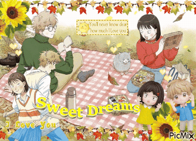 A Group Of People Sitting On A Picnic Blanket With The Words Sweet Dreams Written On The Bottom GIF