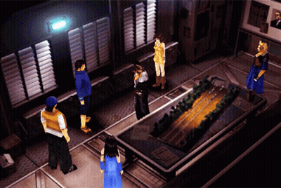 A Group Of People Standing Around A Table In A Video Game GIF