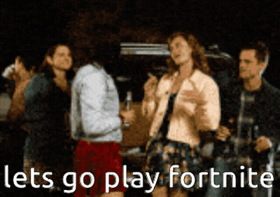 A Group Of People Standing Around A Table With The Words Let 'S Go Play Fortnite On The Bottom GIF