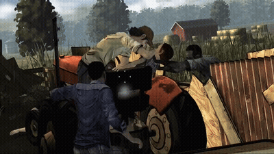 A Group Of People Standing Around A Tractor That Has The Letter O On The Front GIF