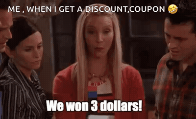 A Group Of People Standing Around A Woman Holding A Coupon That Says " We Won 3 Dollars " GIF