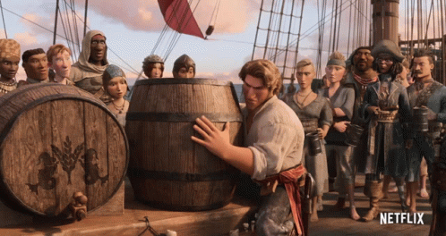 A Group Of People Standing Around Barrels With A Netflix Logo On The Bottom GIF