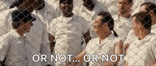 A Group Of People Standing Behind A Chain Link Fence With The Words Or Not Or Not Written On The Bottom GIF