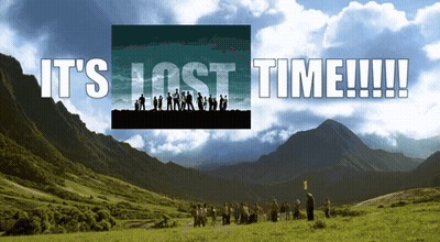 A Group Of People Standing In A Field With The Words " It 'S Lost Time !!! " Above Them GIF