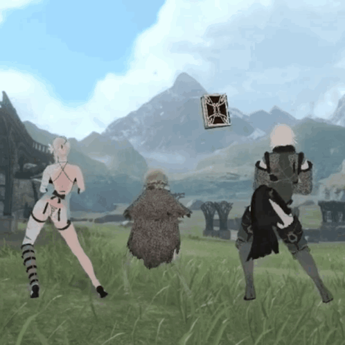 A Group Of People Standing In A Grassy Field With A Mountain In The Background GIF