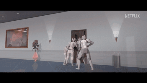 A Group Of People Standing In A Hallway With Netflix Written On The Bottom GIF